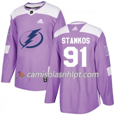 Camisola Tampa Bay Lightning Steven Stamkos 91 Adidas 2017-2018 Roxo Fights Cancer Practice Authentic - Homem